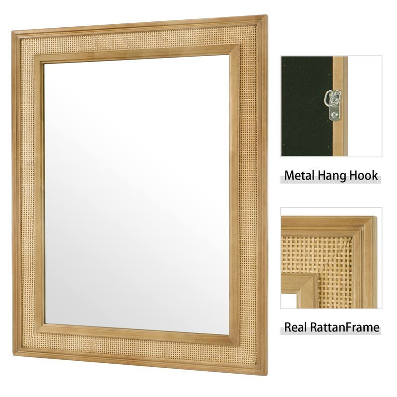 WallBeyond Wooden Framed Rattan Farmhouse Style Rectangle Wall Mirror
