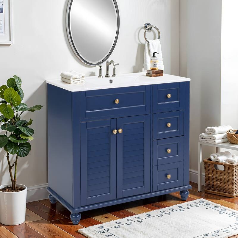 36" Blue Bathroom Vanity with Ceramic Sink - Soft-Close Drawers, Solid Wood Frame, Multi-Organizer Storage - Blue