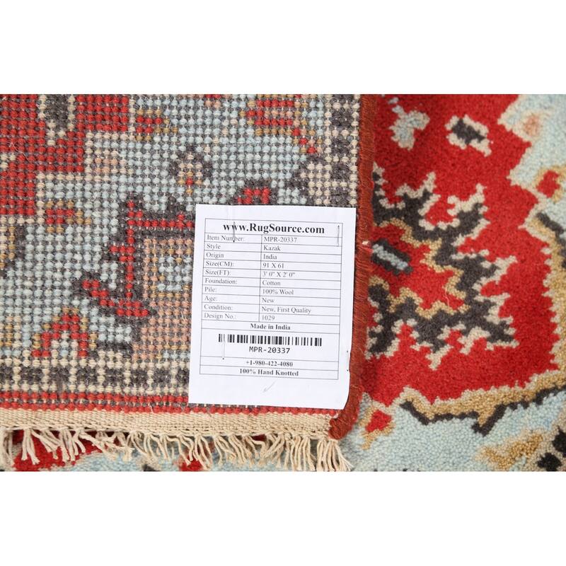 Geometric Red Kazak Indian Accent Rug Hand-Knotted Wool Carpet - 2'0"x 3'0"