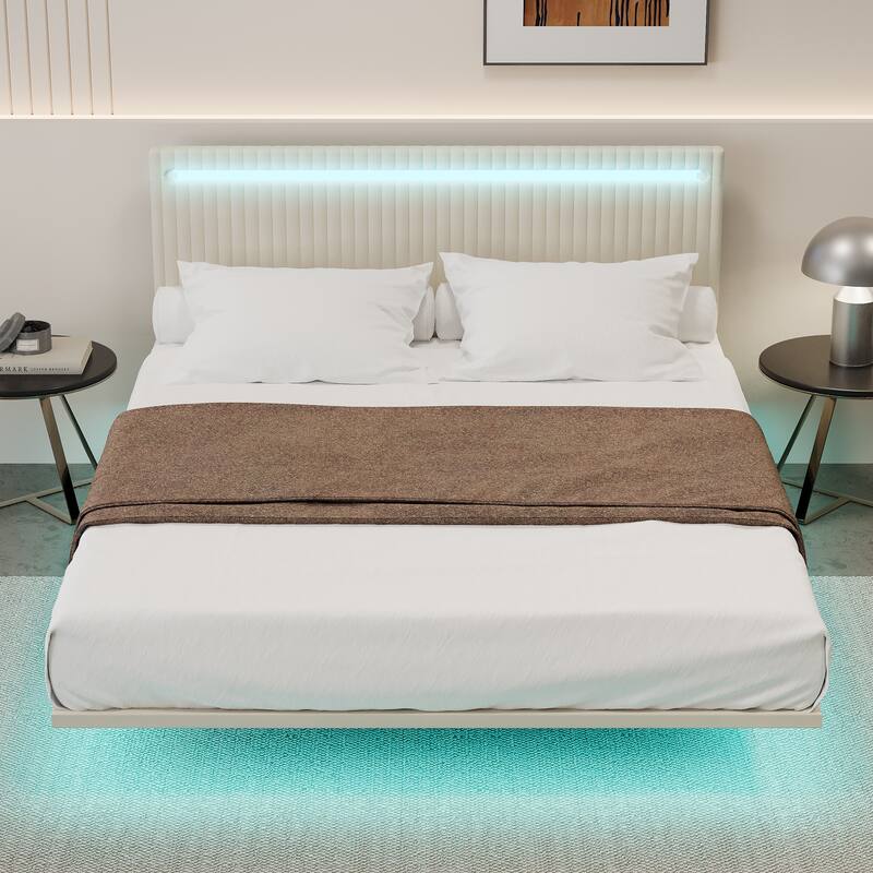 Modern Upholstered Floating Bed Frame with LED Lights, Vertical Channel Design Velvet Fabric Bed, Queen Size, Beige