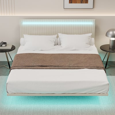 Modern Upholstered Floating Bed Frame with LED Lights, Vertical Channel Design Velvet Fabric Bed,No Box Spring Needed, Full Size