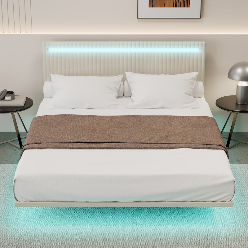Modern Upholstered Floating Bed Frame with LED Lights, Vertical Channel Design Velvet Fabric Bed,Queen Size