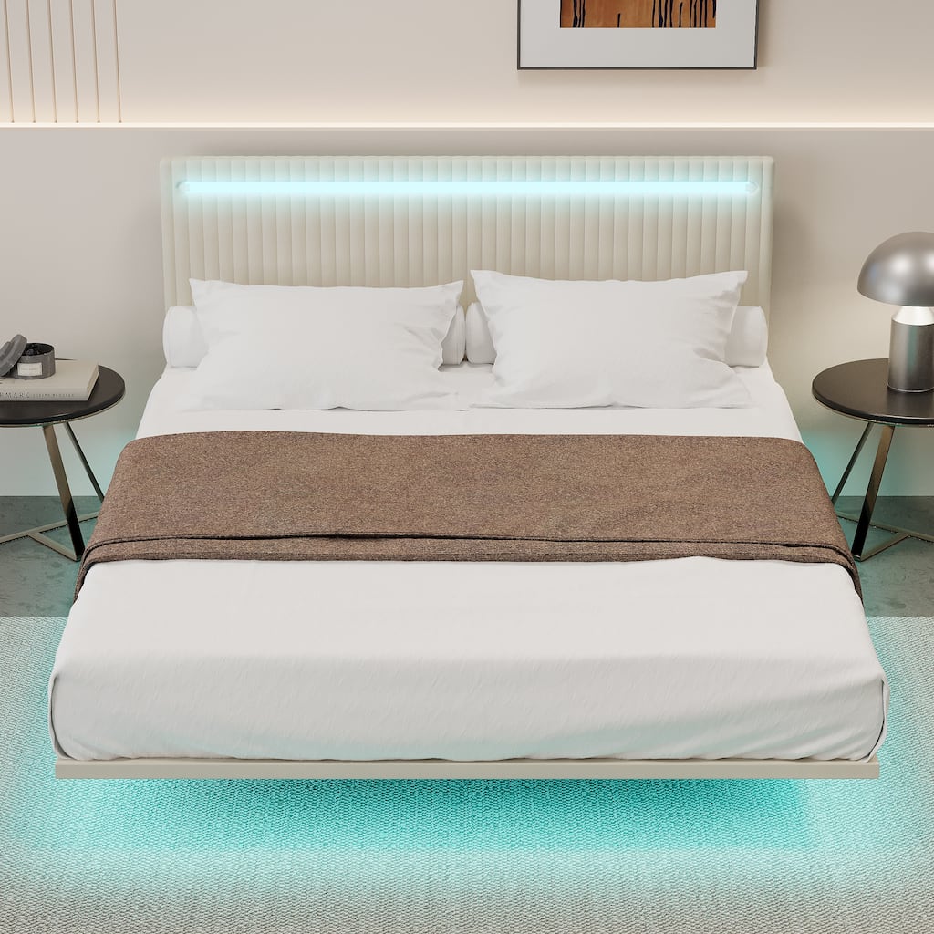 Roomfitters Full/Queen Size Floating Platform Bed Frame, Velvet Upholstery, Channel Tufted Headboard, No Box Spring Needed