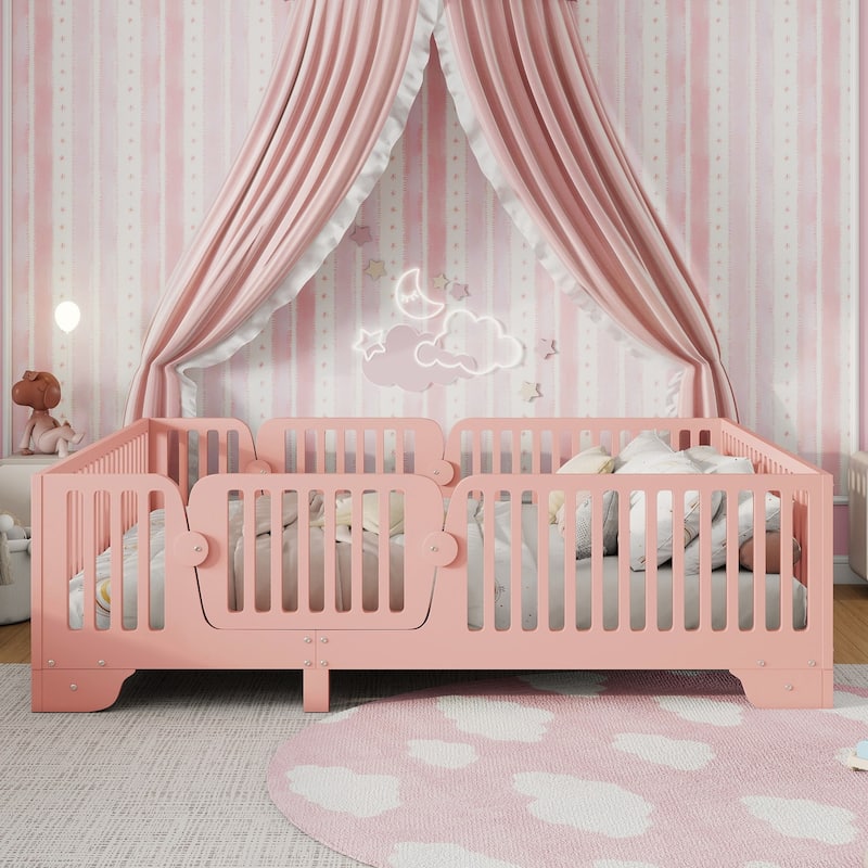 Full/Twin Montessori Floor Bed with Slats, Fence and Door, No Box Spring Needed