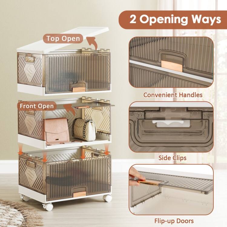 White-Brown PP and ABS Stackable Storage Bin with Wheels, Foldable Cubes