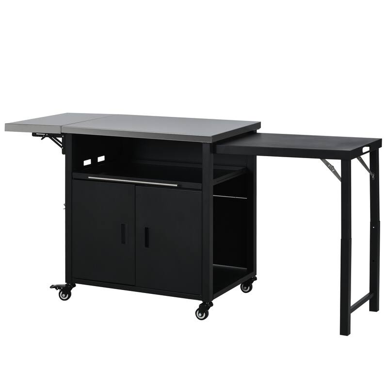 Foldable Outdoor Prep Station BBQ Cart with Trash Rack, Portable Kitchen Island Grill Cart with Foldable Top