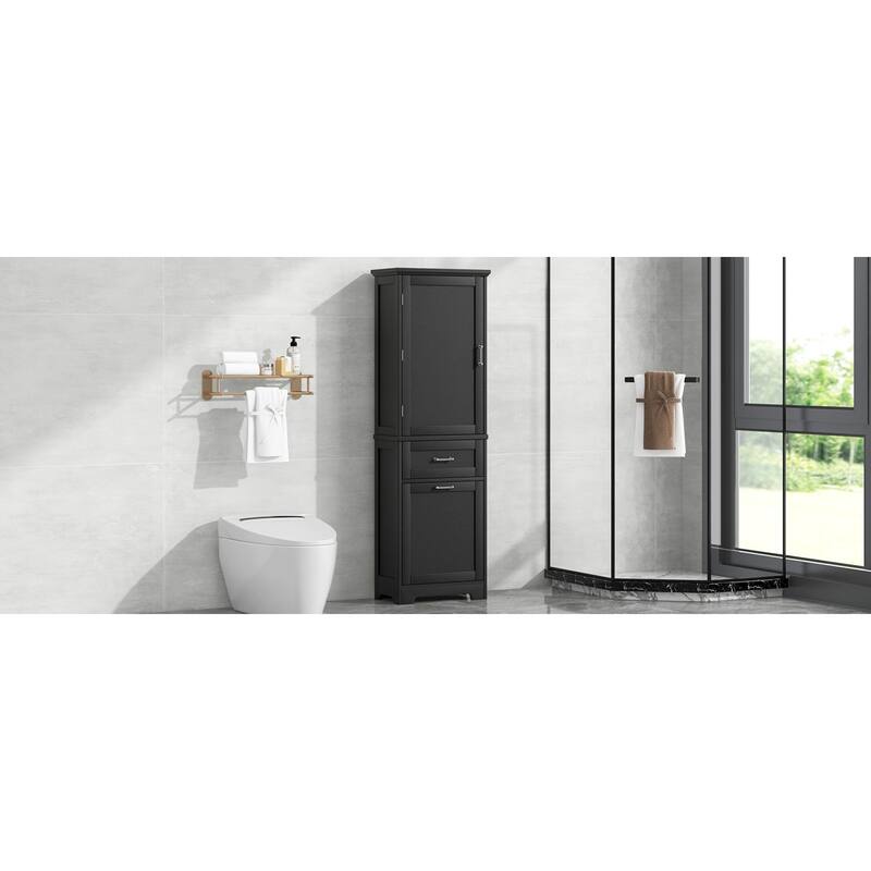 Roomfitters 63" Tall Bathroom Storage Cabinet, Freestanding Linen Tower with 2 Drawers and Adjustable Shelves, Black