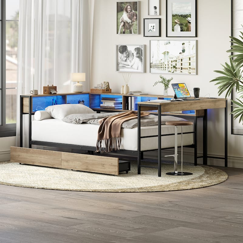 Corner Bed Frame Twin Size with Bookcase and 2 Underbed Storage Drawers, Modern Twin Bed with LED Light and Charging Station