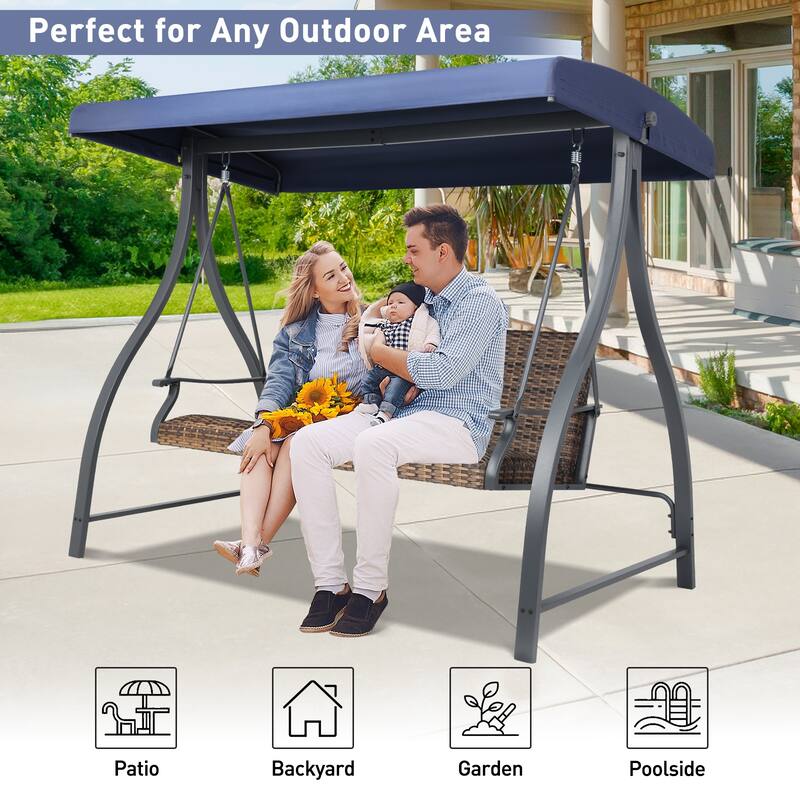 Aoodor 3-Seat Outdoor Rattan Patio Swing with Adjustable Canopy - Stylish Comfort for Your Porch, Garden, and Yard