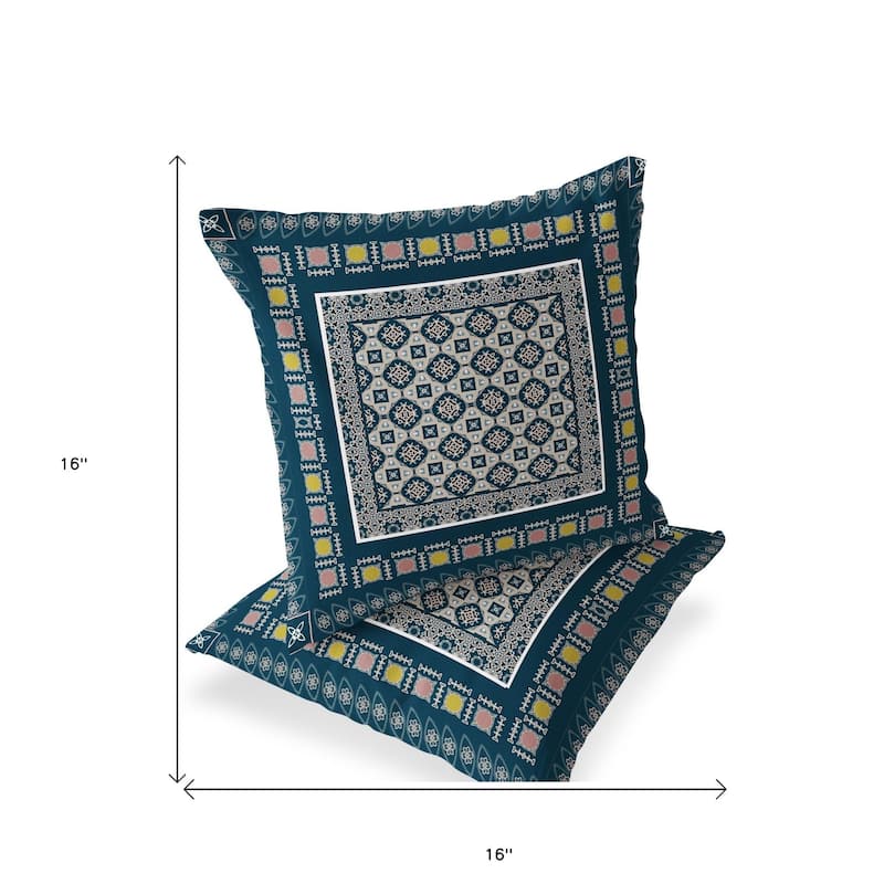 HomeRoots Set of Two 16" X 16" Beige and Blue Blown Seam Floral Indoor Outdoor Throw Pillow - 16.00' X '16.00' X '5.00
