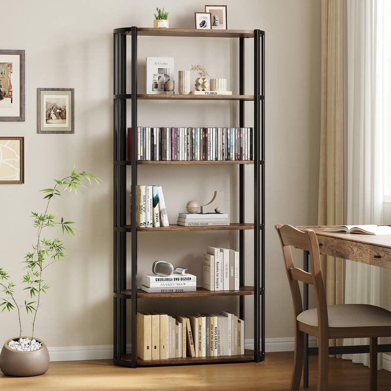 71 Inch Tall Bookshelf, 6 Tier Industrial Bookcase with Heavy Duty Metal Frame, Slim Farmhouse Storage Shelves