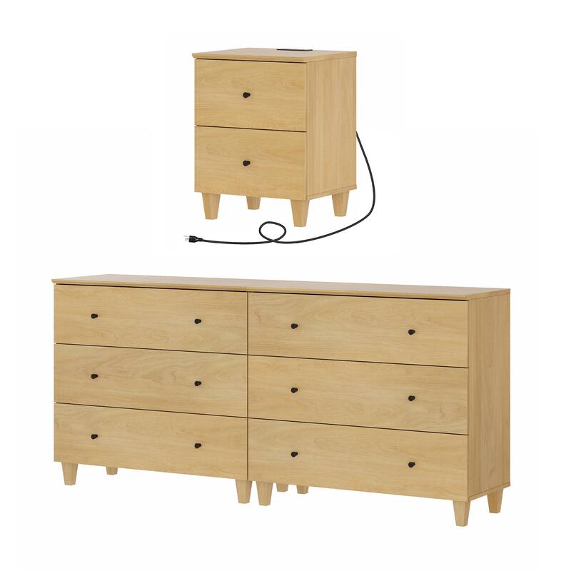 6-Drawer Dresser and Nightstand Set for Bedroom, 70.8" Wide - Oak - 2 Piece