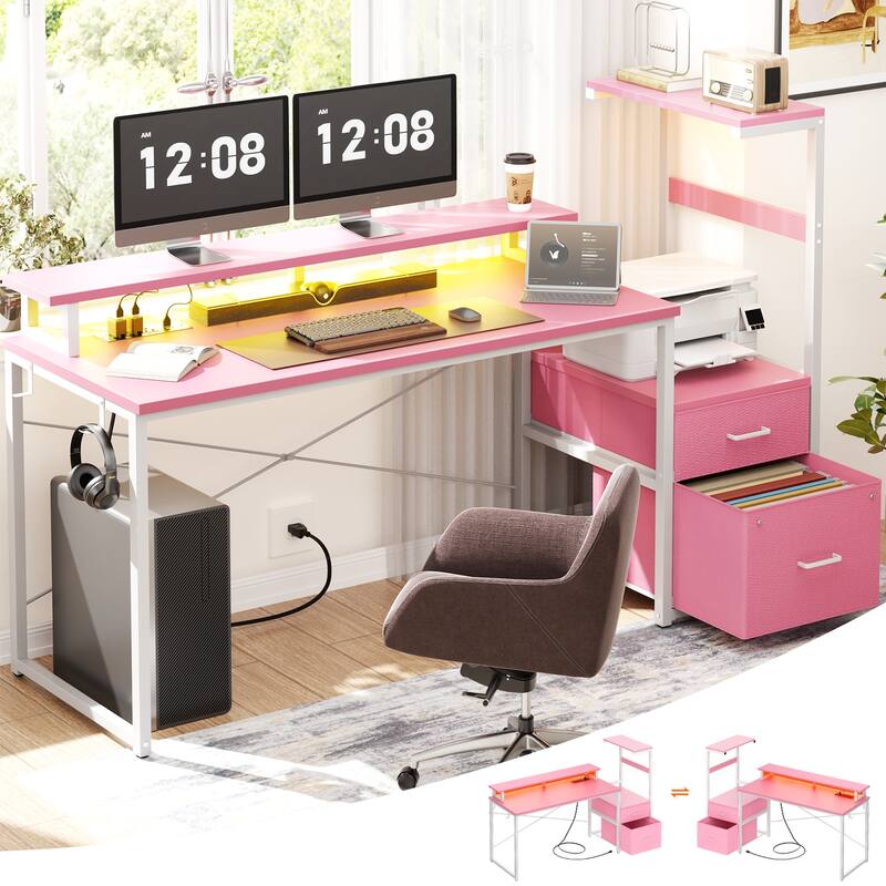 60'' Reversible Gaming Desk with Monitor Stand & Fabric Drawers，Home Office Computer Desk with RGB LED Strip & Power Outlets