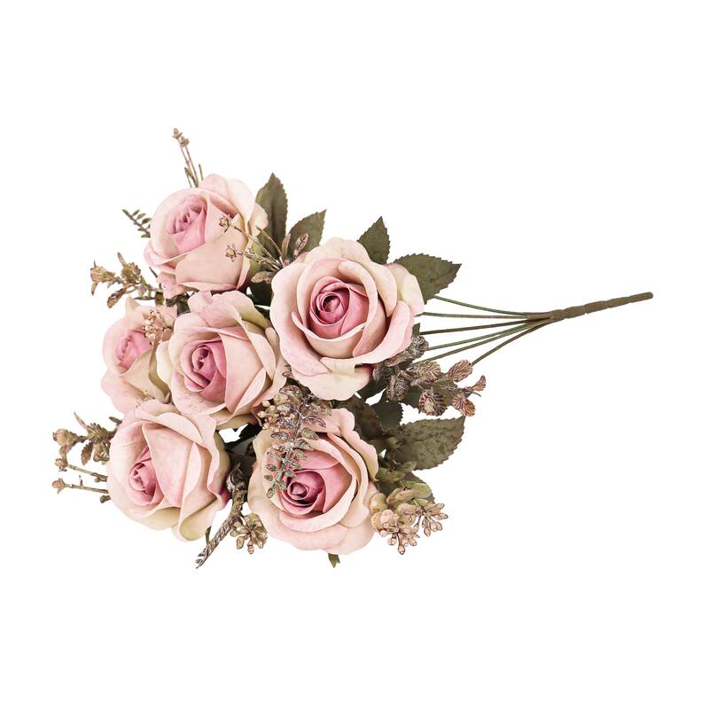 Set of 2 Dusty Pink Artificial Rose Flower Stem Bush Bouquet 15in - 15" L x 8" W x 8" DP