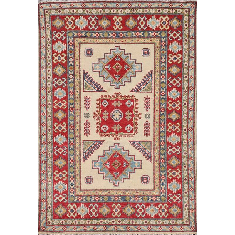 Beige / Ivory Kazak Accent Rug Hand-Knotted Geometric Wool Carpet - 3'11" x 4'11"