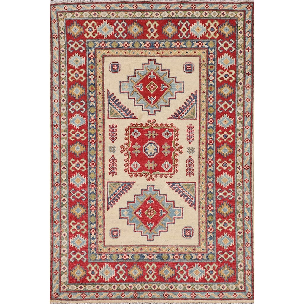Beige / Ivory Kazak Accent Rug Hand-Knotted Geometric Wool Carpet - 3'11" x 4'11"