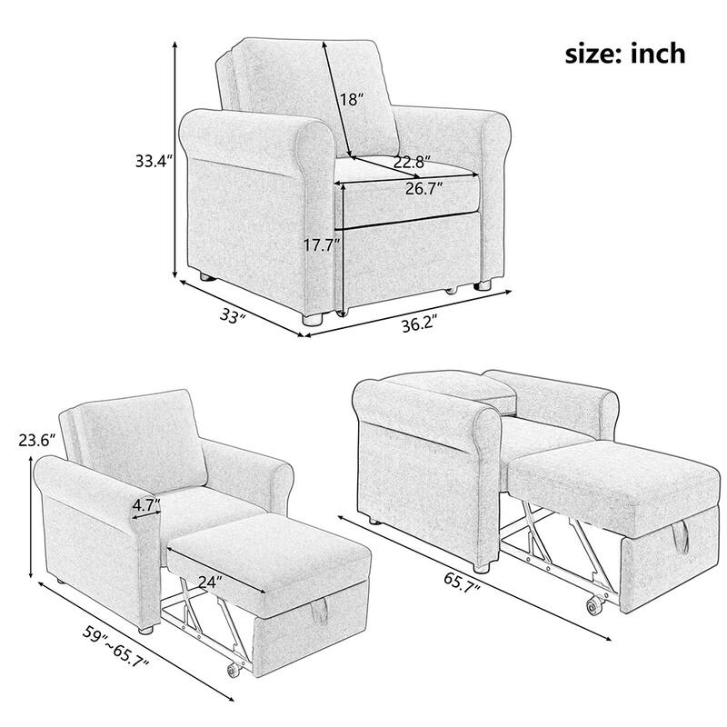 3-in-1 Sofa Bed Chair, Convertible Sleeper Chair Bed 3 Colors