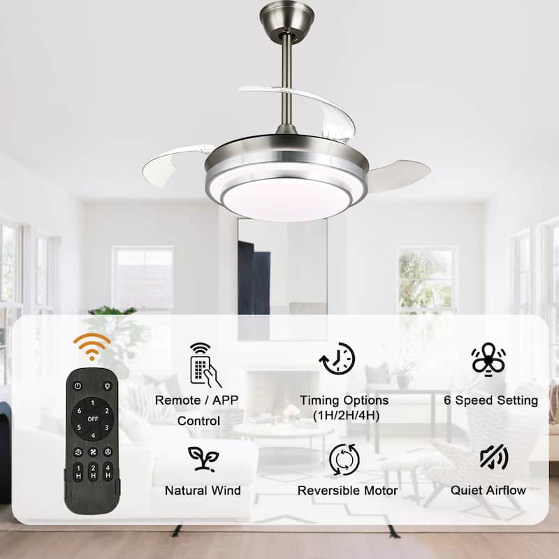 Bella Depot 36" Modern Retractable Ceiling Fan with Dimmable Led Light and Remote, 6-Speed Reversible DC Motor