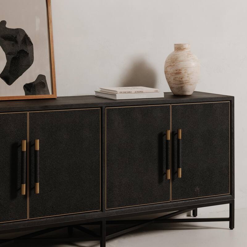 NADAAL STUDIOS Vaughn, Sideboard, Shagreen Patterned Vegan Leather with Brass Legs - 76"W x18"D x34"H