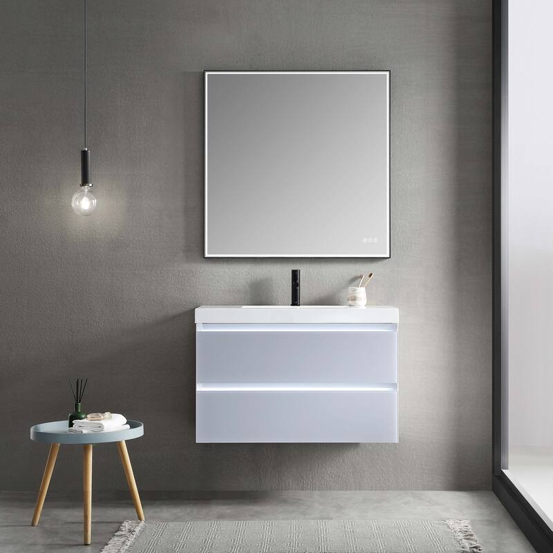 LED Lighted Floating / Wall Huang Vanity with Acrylic Sink and Comfortable Dimmed Vanity Light - Grey - Mirror - 36 in