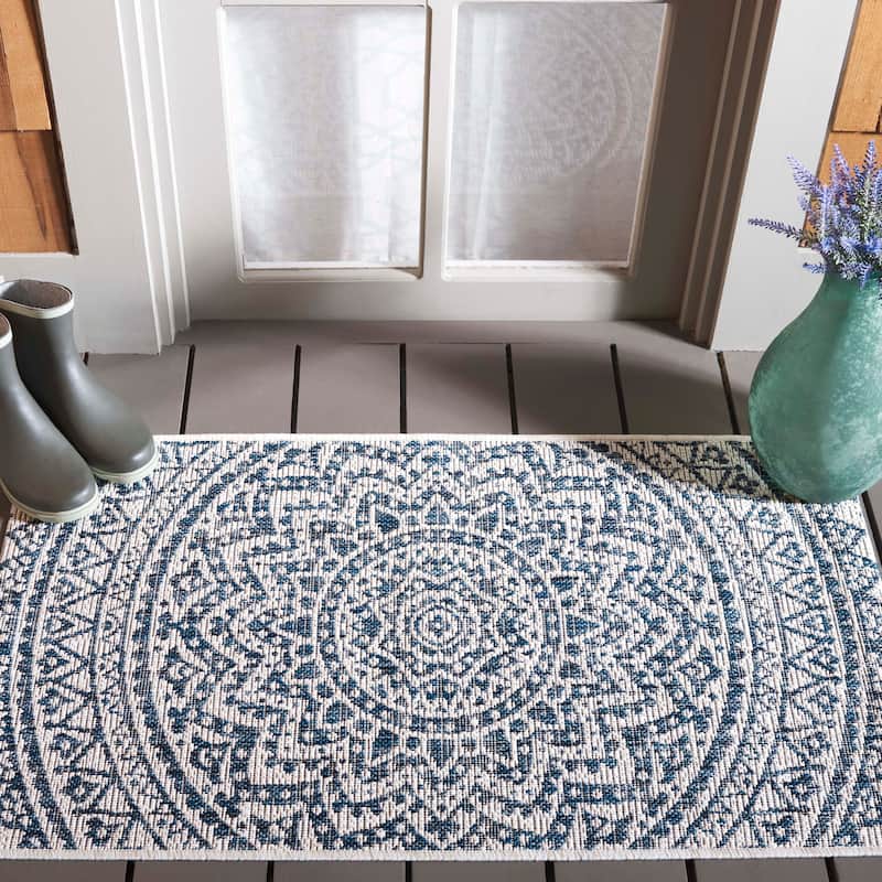 SAFAVIEH Courtyard Deepa Mandala Indoor /Outdoor Waterproof Patio Backyard Rug - 2'3" x 5' - Ivory/Navy