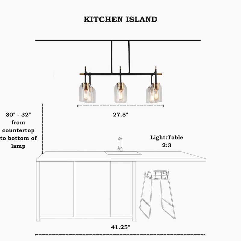 Modern Farmhouse 6-light Black Gold Linear Chandelier Islands Lights for Dining Room - L 27.5" x W 13" x H 11.5"