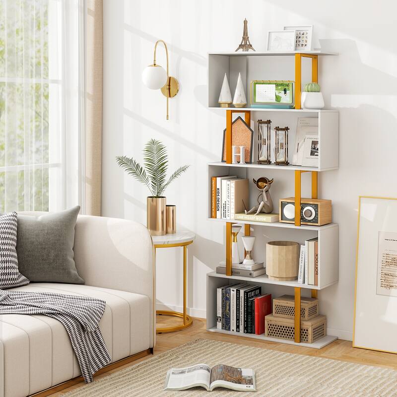 Gymax 2 PCS 5-Tier Geometric Bookcase 62-Inch S-Shaped Bookshelf w/