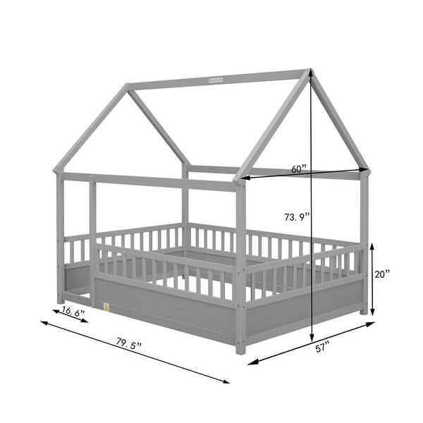 Full Size Floor Wooden Bed with House Roof Frame and Fence Guardrails
