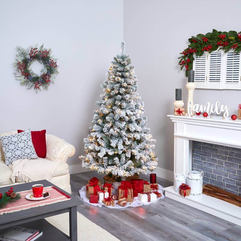 6’ Pre-Lit Flocked Fir Artificial Christmas Tree, Warm Clear LED Lights - 6 Foot