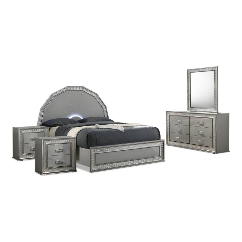 Furniture of America Rosdale Glam 5-Piece Metallic Grey Wood 7-Sided LED Headboard Platform Bedroom Set with Rectangular Mirror