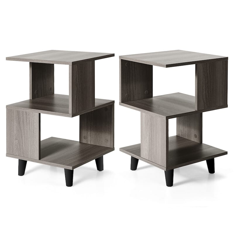 Modern Set of 2 Grey Nightstands with 3 Tier Storage Shelves for Living Room or Bedroom