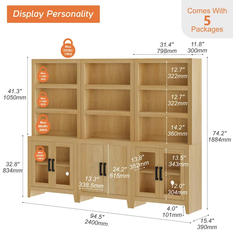 WAMPAT 74" Tall Bookshelf with Glass Doors, Farmhouse Bookcase with Open Shelves
