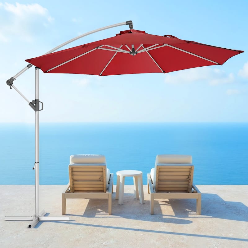 120" Patio Umbrella with Upgraded Aluminum Frame,Cantilever Hanging Market Umbrella with Base Included,UV Resistant - Red