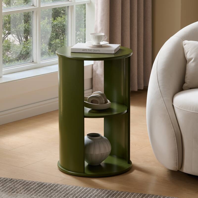 Evan Contemporary Wood Round Side Table with Storage - Avocado