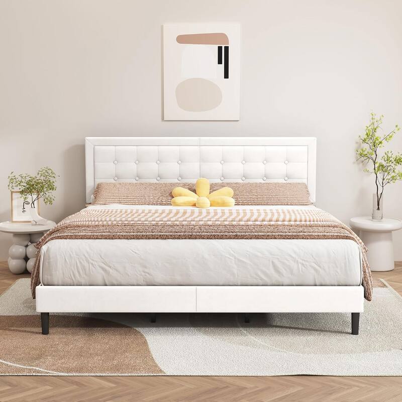 alazyhome Upholstered Platform Bed Frame with Button Tufting Headboard - White - King