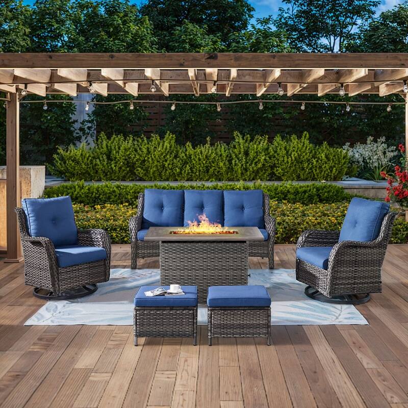 Gymojoy 6-Piece Outdoor Wicker Patio Furniture with Fire Pit Table, Rattan Coversation Set with Water Resistant Thick Cushions - Grey Wicker / Blue Cusion - 6-Piece