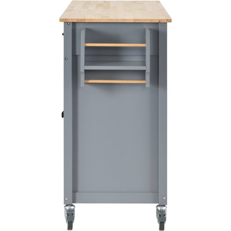 Closed Kitchen Island on Wheels, Solid Wood Table Top Kitchen Cart, Diningroom Blue Breakfast Bar with Storage Rack and Drawers
