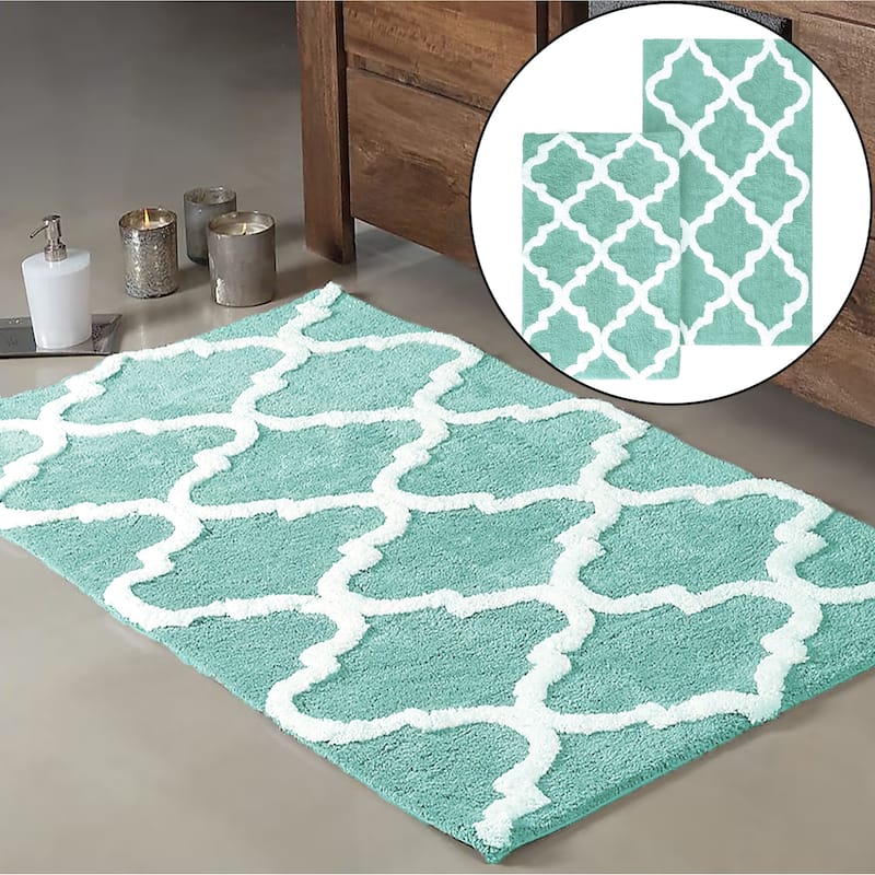 Blue 2 Piece Trellis Plush Soft Cozy 100% Cotton Bath Mat Set - Blue