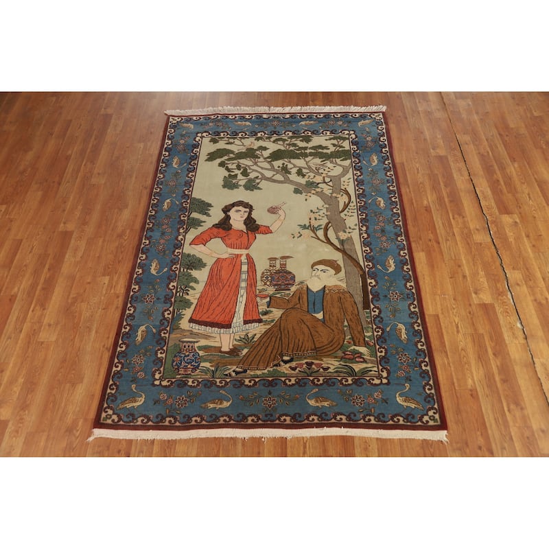 Hand Knotted Oriental 100% Wool Carpet Traditional Pictorial Green Kashan Area Rug - 6' 8'' X 4' 6''
