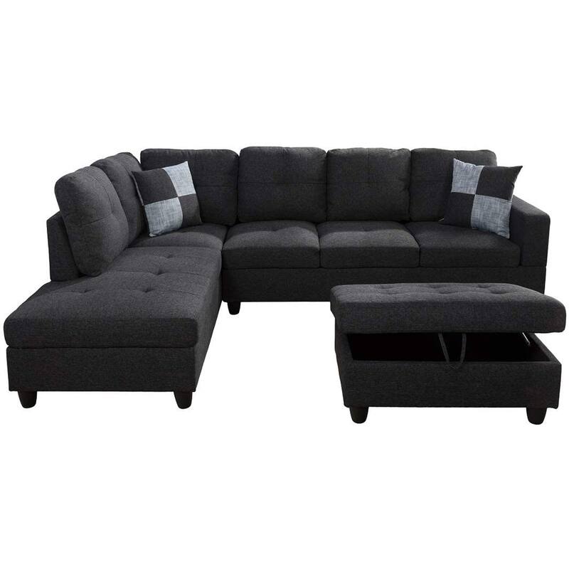 3-Pieces Sectional Sofa Set,Left Facing,Black Grey Linen(125A)