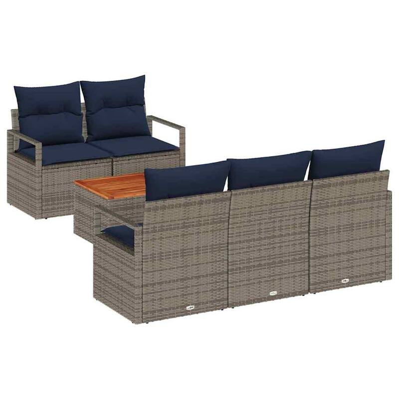 vidaXL 6 Garden Sofa Set with Cushions Black/Grey Poly Rattan - 68.9 x 24.4 x 27.2