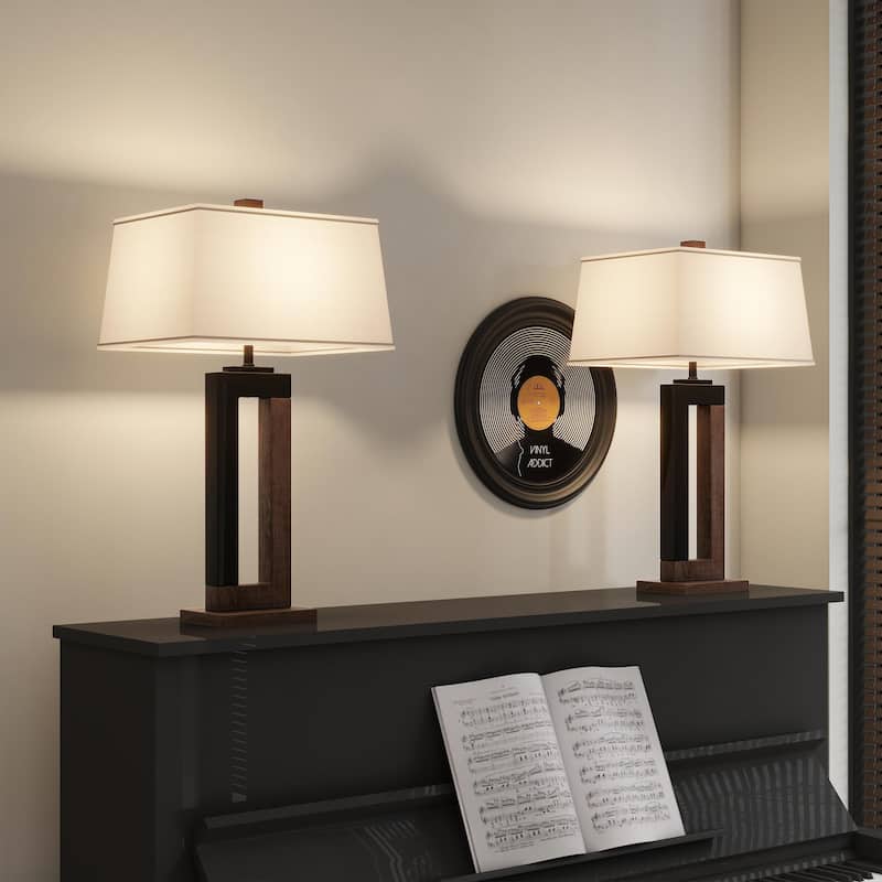 Set of 2 Table Lamp with Linen Fabric Shade - Brown Wood