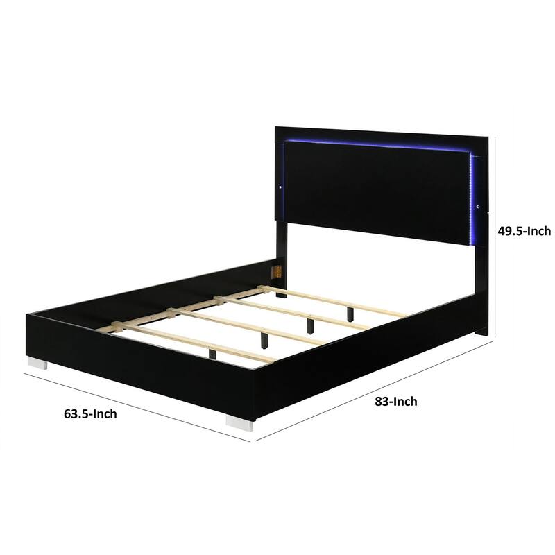 Suni Queen Size Bed w LED Headboard, Piano Black Wood Frame