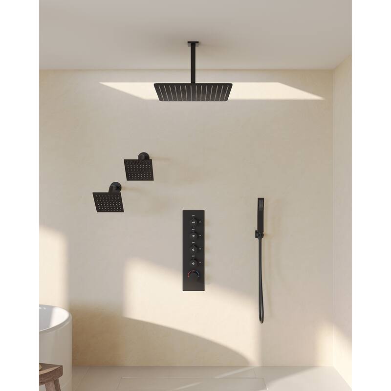 GRANDJOY High Pressure Shower Faucet System 16" Ceiling and dual 6" Wall Mounted Shower Head Combo Handheld Shower Spray