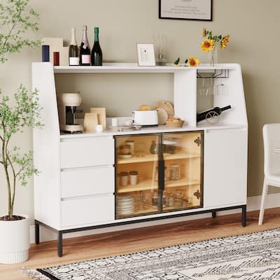Coffee Bar Cabinet with Wine Glass Rack and Drawers, Liquor Cabinet with 3 drawers and glass door locker