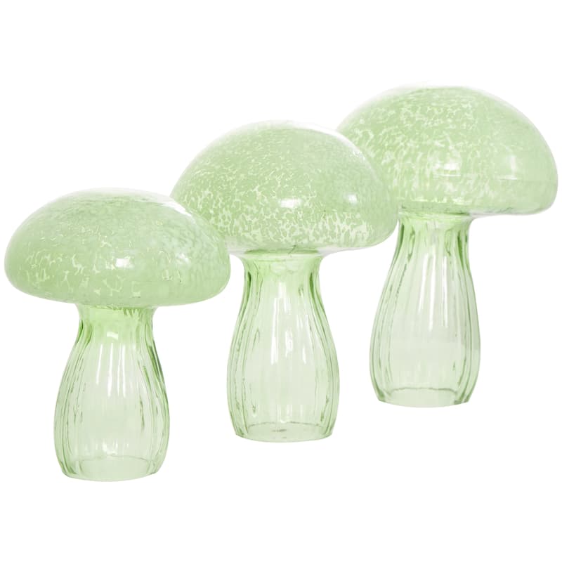 Green Glass Textured Mushroom Decorative Sculpture (Set of 3)