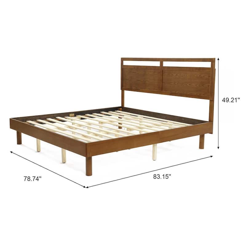 King Size Wood Platform Bed Frame with Headboard - Modern Double Panel Design