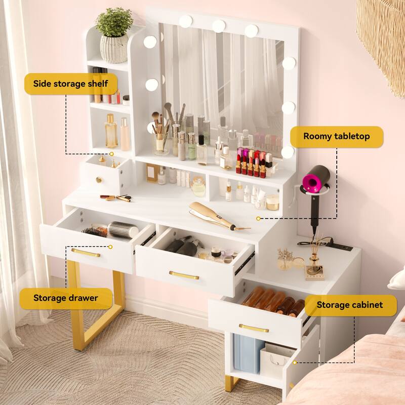 42.1" Mirror Makeup Vanity Table with Stool and Mirror Bulbs - 42.1''L x 15.3''W x 53.9''H