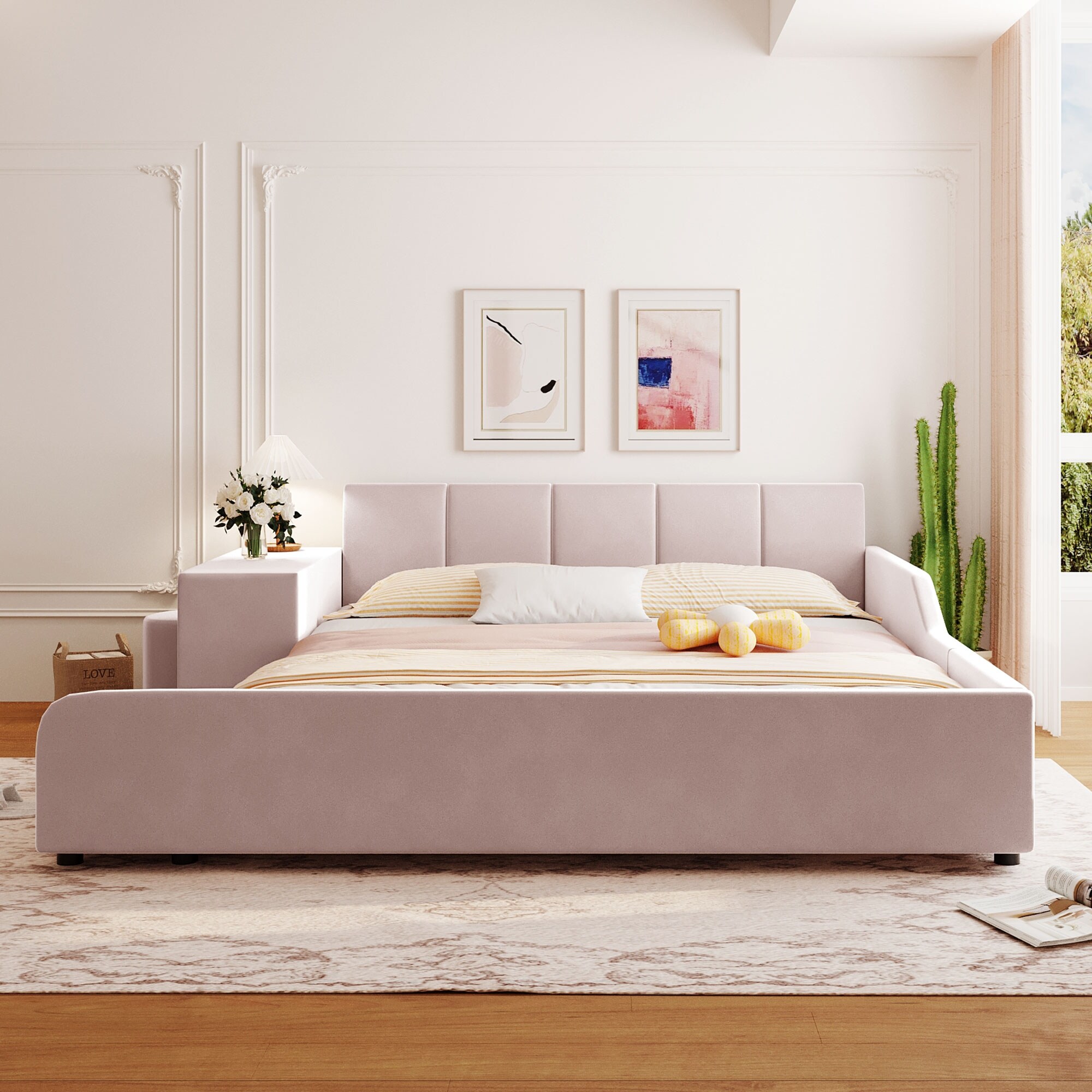 Queen Size Velvet Upholstered Platform Bed w Bedside Desk Stool Mother Child Platform Bed Frame w Footboard Guardrail Pink