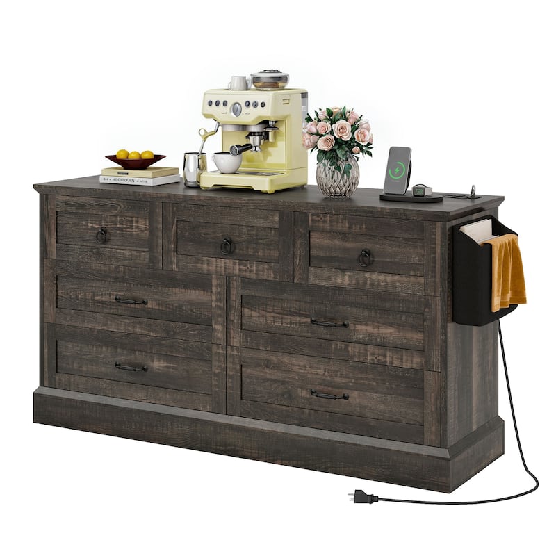Moasis Farmhouse 59" 6 Drawer/7 Drawers Dresser Chest of Drawers Storage Organizer For Bedroom